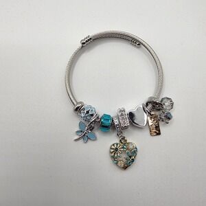 Silver Cable Wire Bangle Bracelet Blue Dragonfly Heart Faith Charms Adjustable